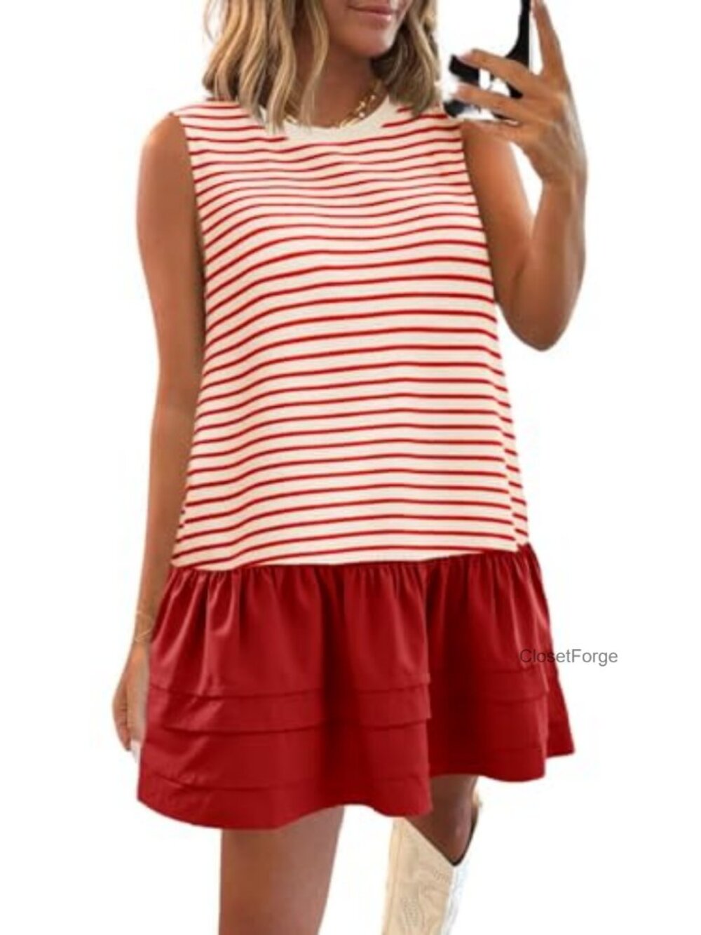 Womens Sleeveless Tank Mini Dress Casual Loose A-Line Striped